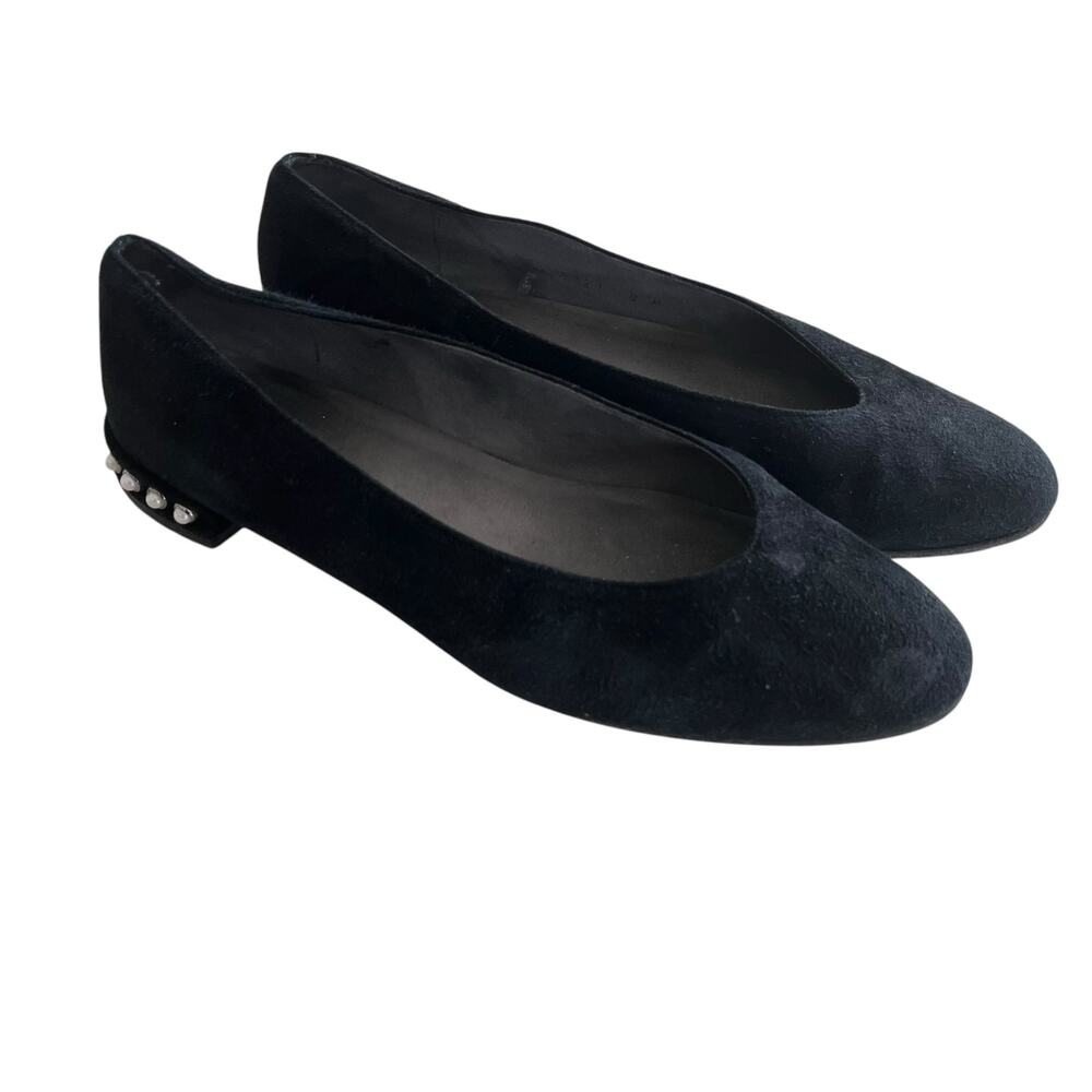 Stuart Weitzman Chicpearl Black Suede Faux Pearl Embellished Almond Toe Flats 8